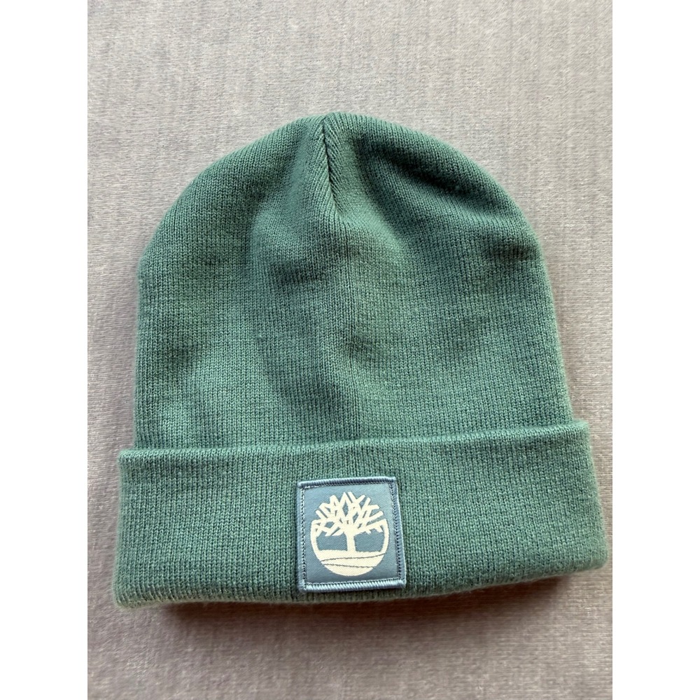 Timberland Mens Green Knit Cuffed Beanie Hat Tree Logo Patch‎ RN 76382 CA 58417